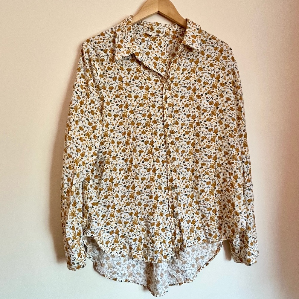June & Delancey Floral Button Down Blouse XL Mustard Ditsy Print Hi-Low Prairie